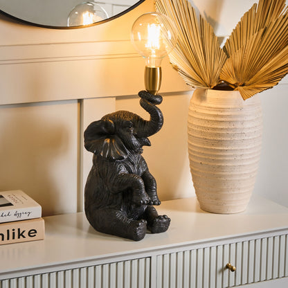 Handmade Black Elephant Table Lamp Polyresin Bedside Light