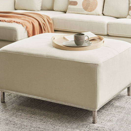Beige Fabric Rectangular Ottoman Footstool Minimalist Modern