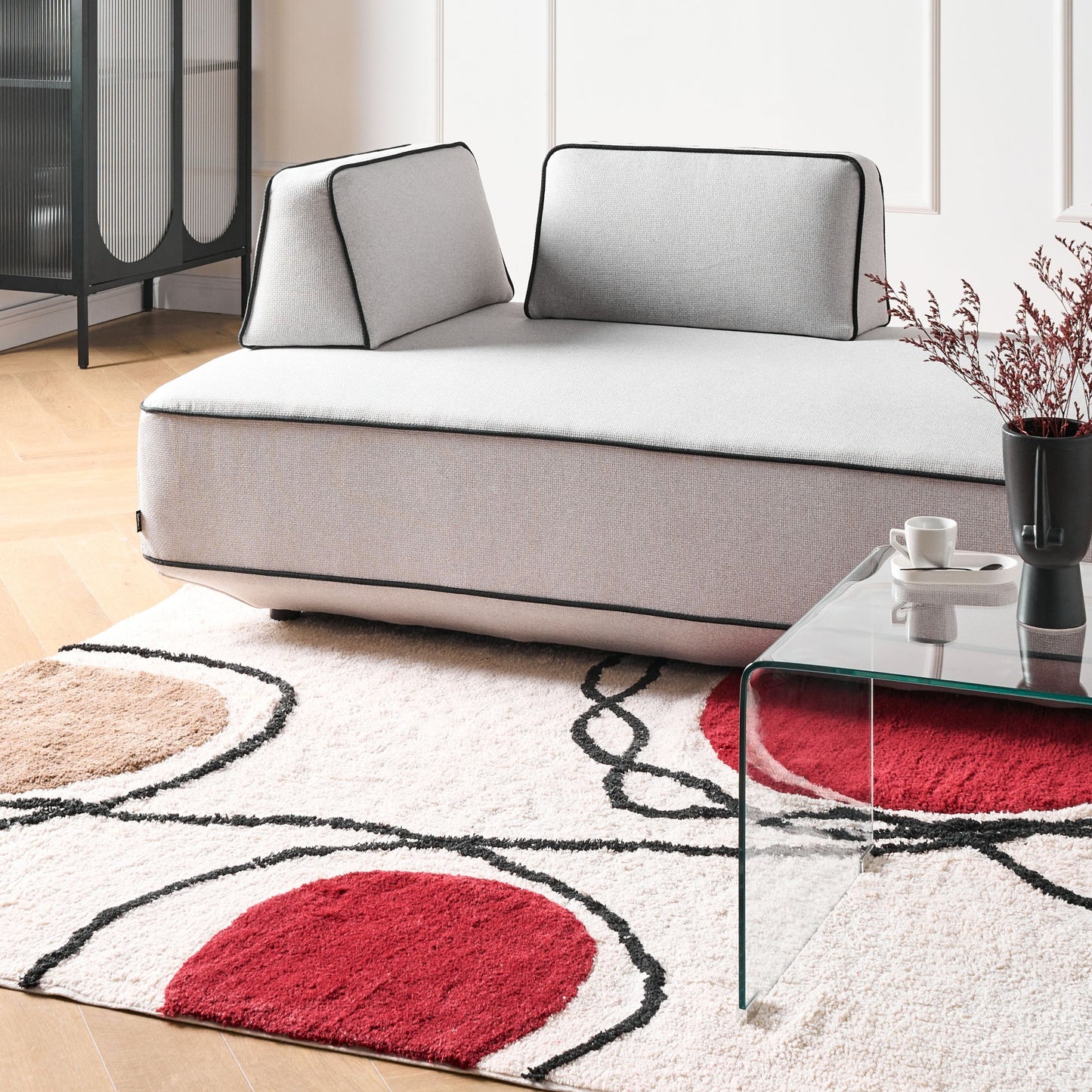 Ethos Home Area Rug Cotton Beige and Red 140 x 200cm Abstract Pattern Hand Tufted Low Pile Modern