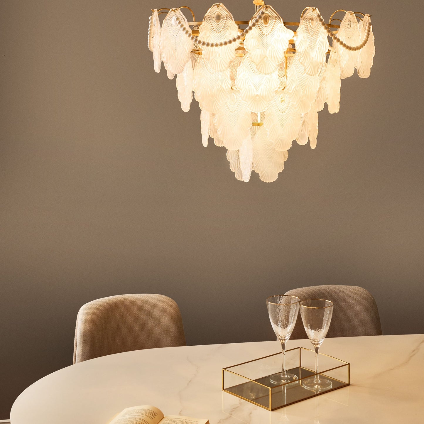 Brass Glass Chandelier 46cm Pendant Lamp Art Deco Glamour Style Embossed Leaves