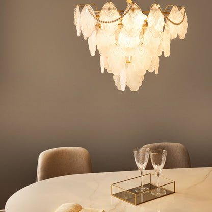 Brass Glass Chandelier 46cm Pendant Lamp Art Deco Glamour Style Embossed Leaves