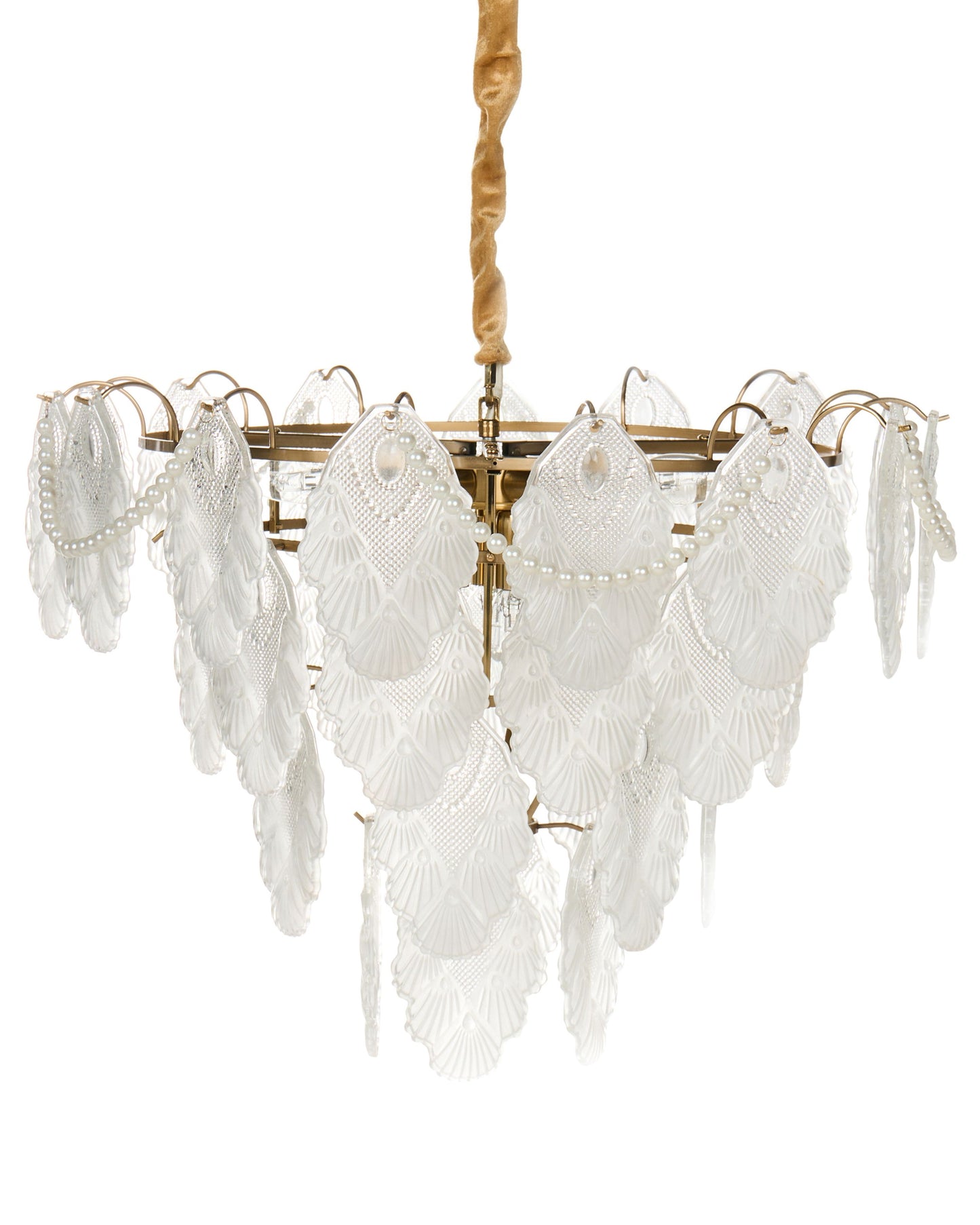 Brass Glass Chandelier 46cm Pendant Lamp Art Deco Glamour Style Embossed Leaves