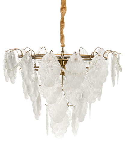 Brass Glass Chandelier 46cm Pendant Lamp Art Deco Glamour Style Embossed Leaves