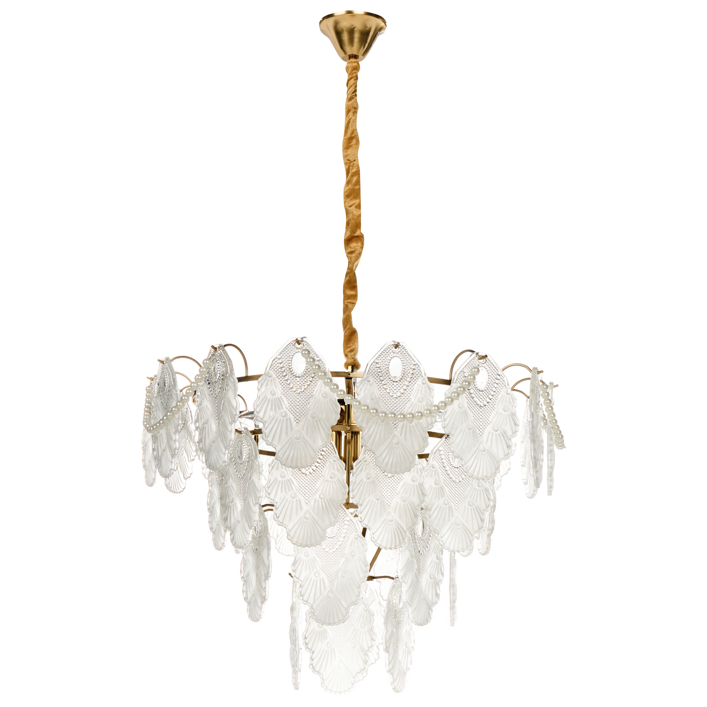 Brass Glass Chandelier 46cm Pendant Lamp Art Deco Glamour Style Embossed Leaves