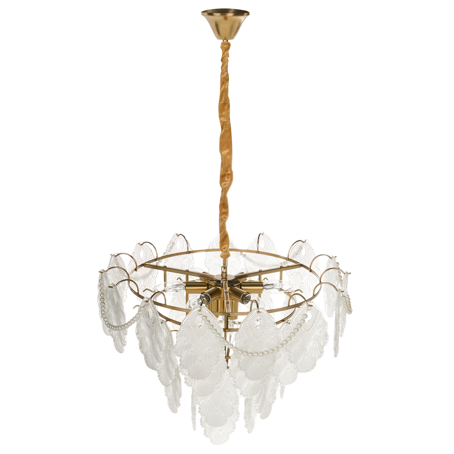 Brass Glass Chandelier 46cm Pendant Lamp Art Deco Glamour Style Embossed Leaves