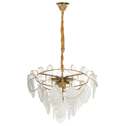 Brass Glass Chandelier 46cm Pendant Lamp Art Deco Glamour Style Embossed Leaves