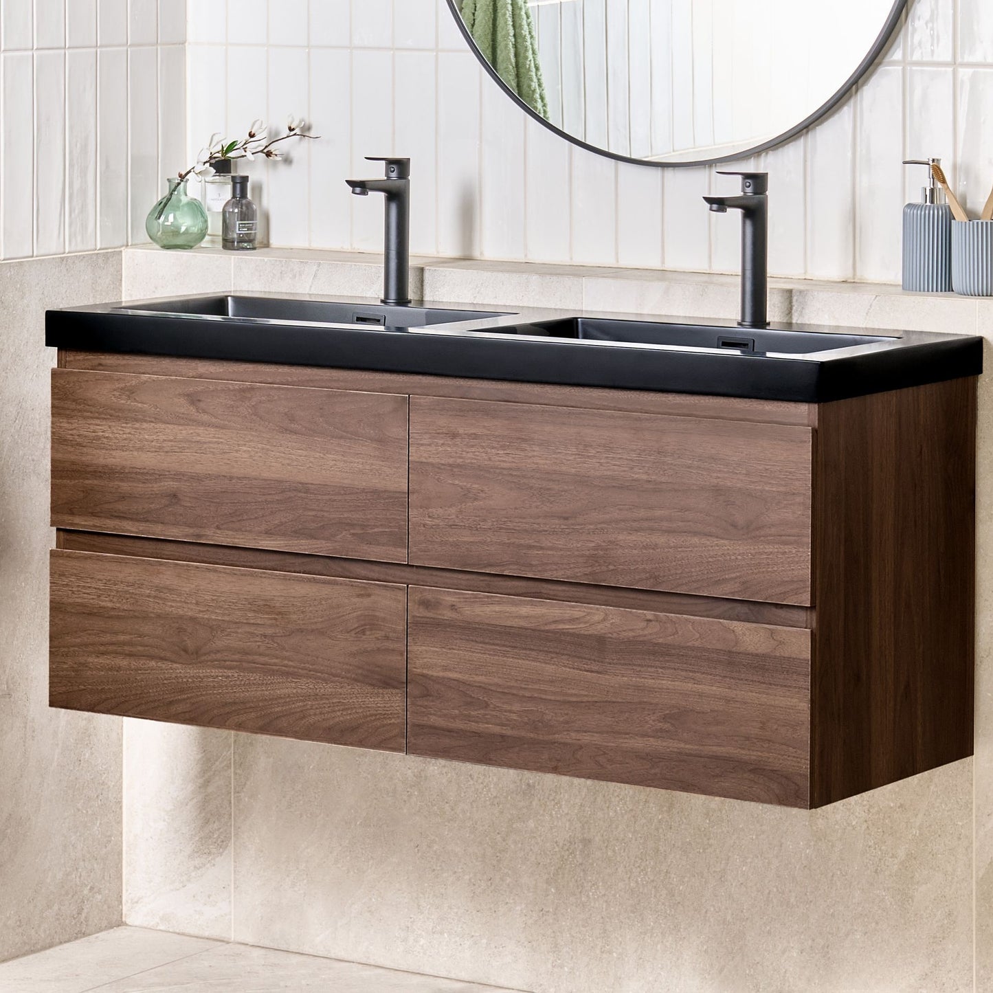 Elegance Bath Wall Mounted Vanity Unit With Double Black Resin Sink