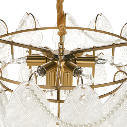 Brass Glass Chandelier 46cm Pendant Lamp Art Deco Glamour Style Embossed Leaves