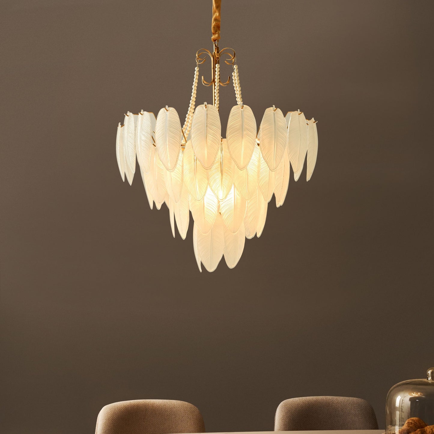Brass Glass Chandelier Pendant Lamp 60cm With Frosted Leaves And Pearl Beaded Chains Glamour Style