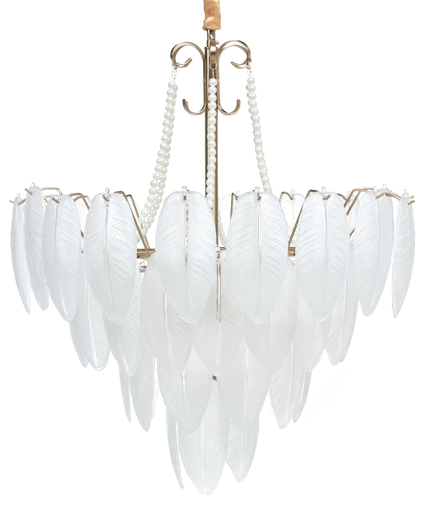 Brass Glass Chandelier Pendant Lamp 60cm With Frosted Leaves And Pearl Beaded Chains Glamour Style