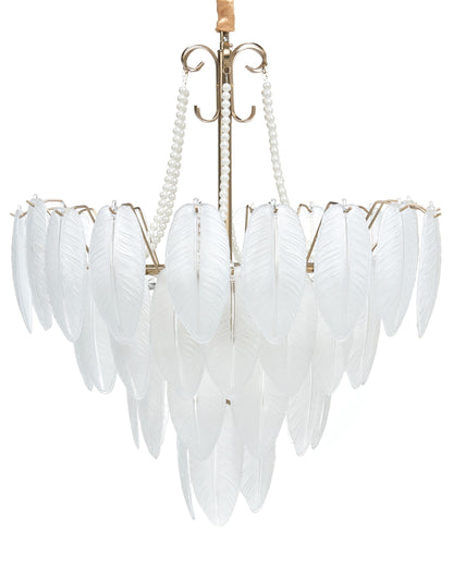 Brass Glass Chandelier Pendant Lamp 60cm With Frosted Leaves And Pearl Beaded Chains Glamour Style