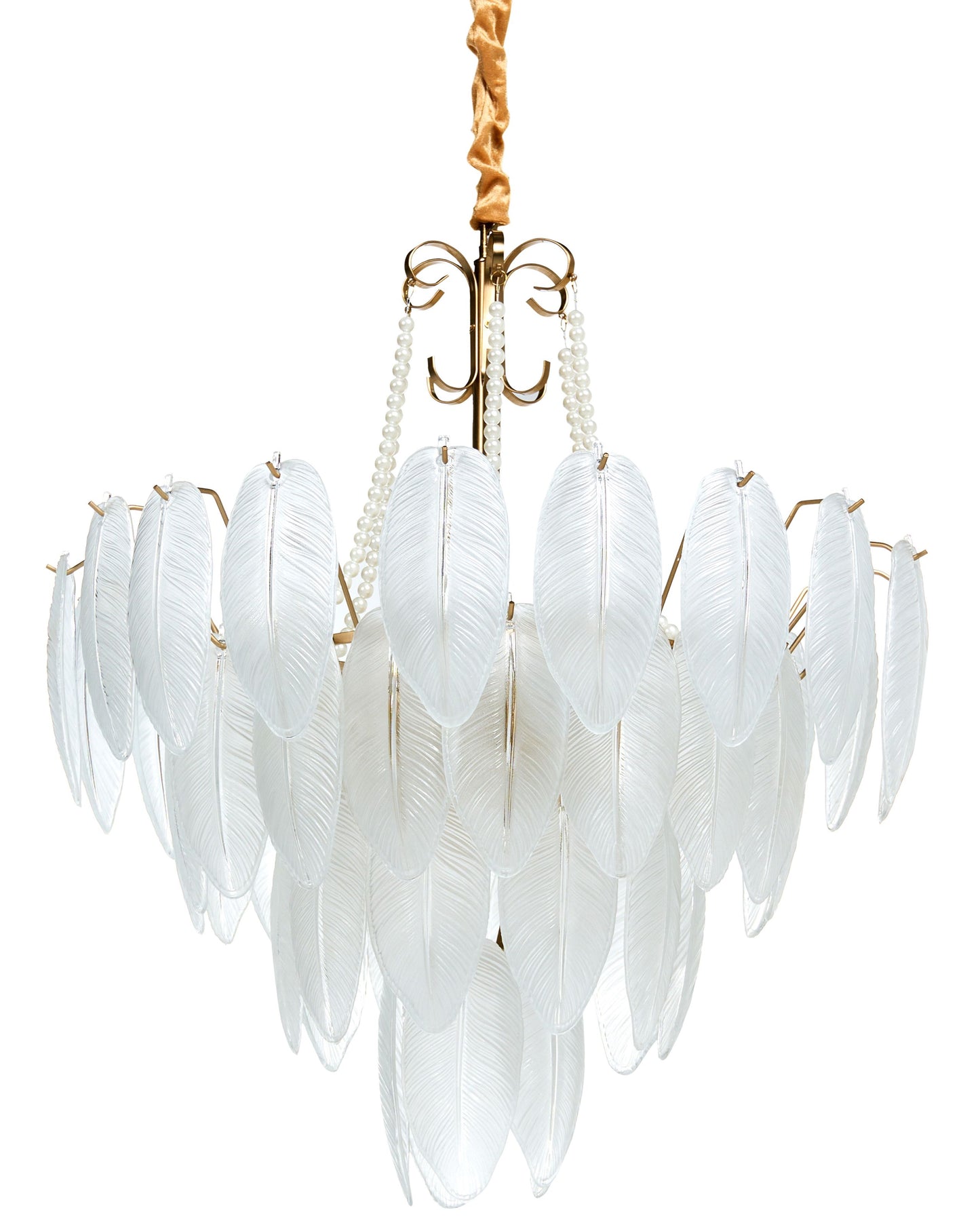 Brass Glass Chandelier Pendant Lamp 60cm With Frosted Leaves And Pearl Beaded Chains Glamour Style