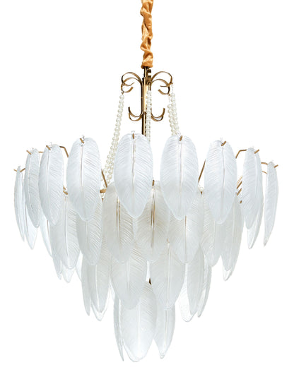 Brass Glass Chandelier Pendant Lamp 60cm With Frosted Leaves And Pearl Beaded Chains Glamour Style