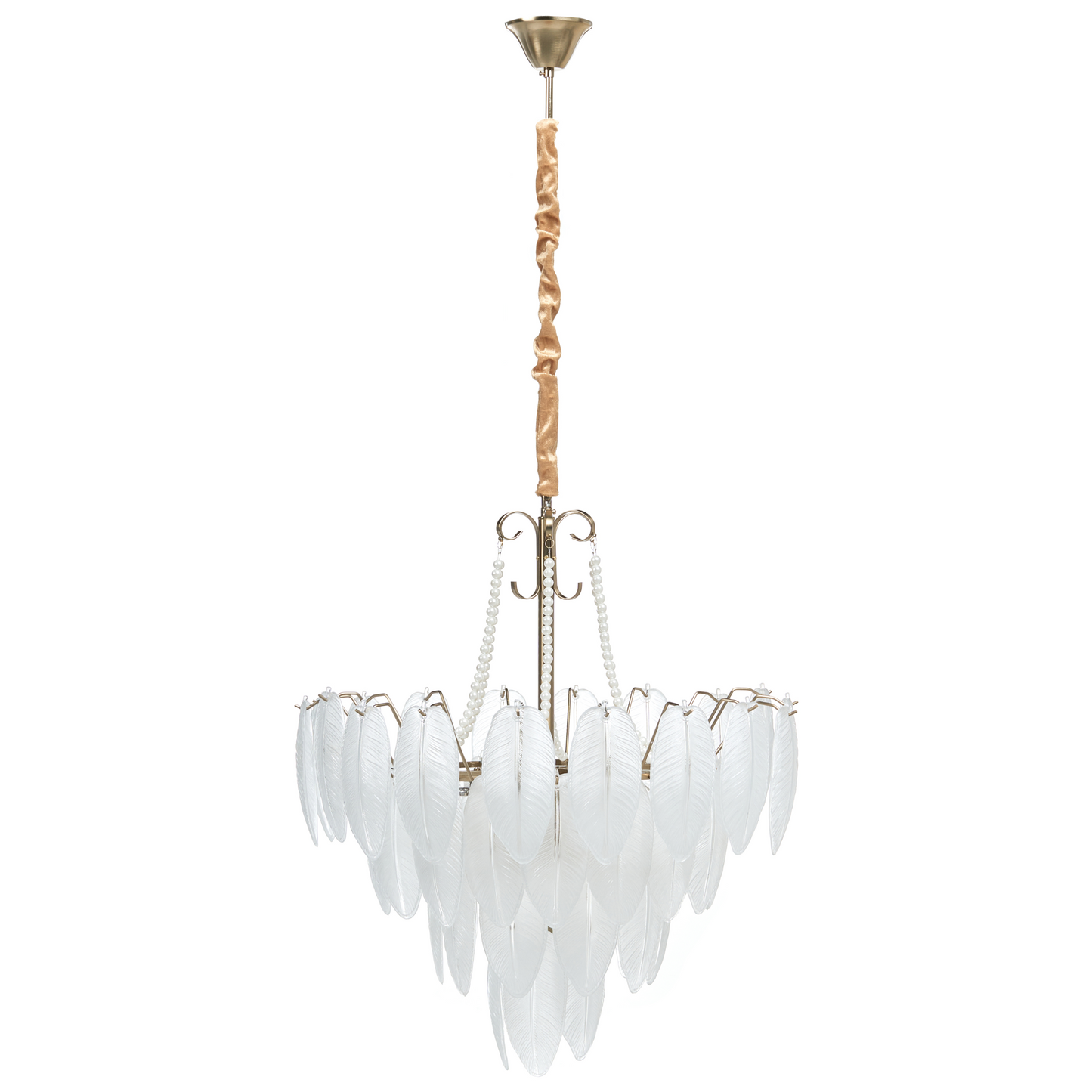 Brass Glass Chandelier Pendant Lamp 60cm With Frosted Leaves And Pearl Beaded Chains Glamour Style