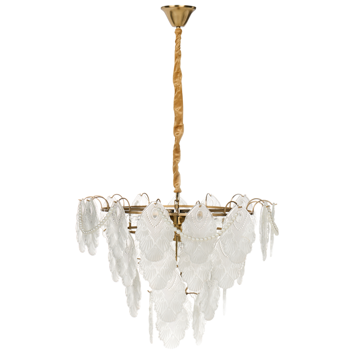 Brass Glass Chandelier 46cm Pendant Lamp Art Deco Glamour Style Embossed Leaves