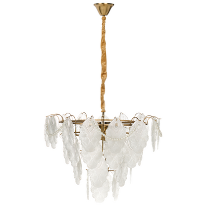 Brass Glass Chandelier 46cm Pendant Lamp Art Deco Glamour Style Embossed Leaves