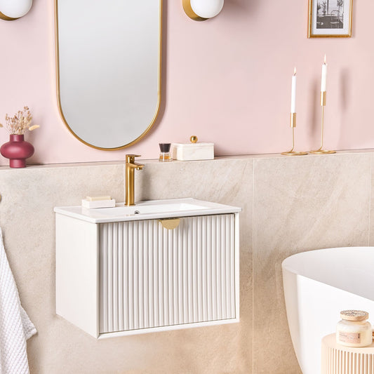 Wall Mounted Vanity Unit With Integrated Ceramic Basin White Engineered Wood 60 x 43cm Modern Design