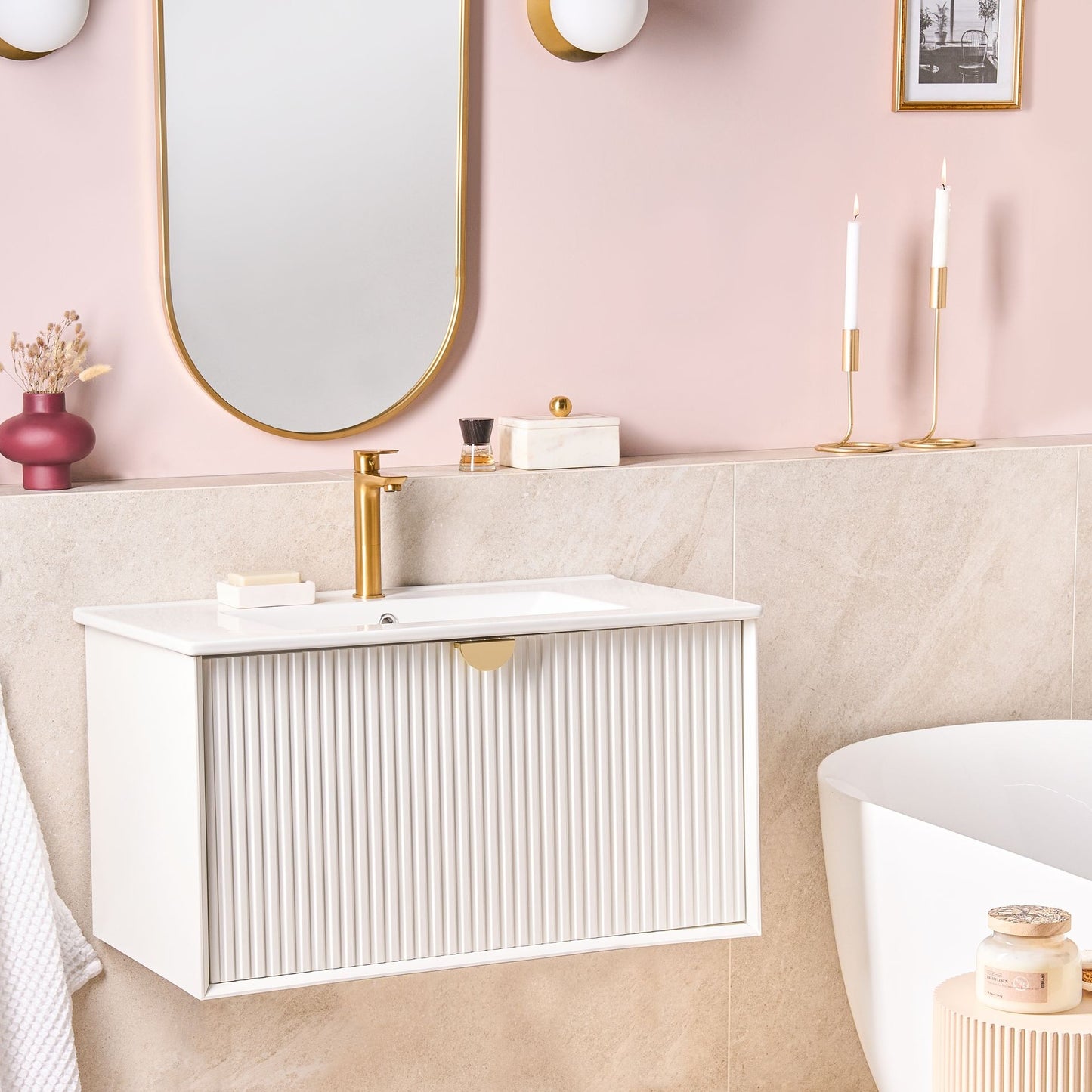 Wall Mounted Vanity With Basin White 80 x 43cm Fluted Front