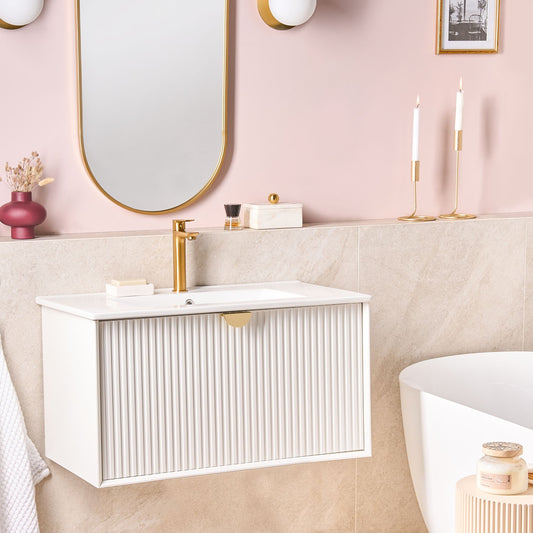 Wall Mounted Vanity With Basin White 80 x 43cm Fluted Front