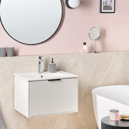 White Wall Mounted Vanity Unit 60cm Ceramic Basin Black Handle