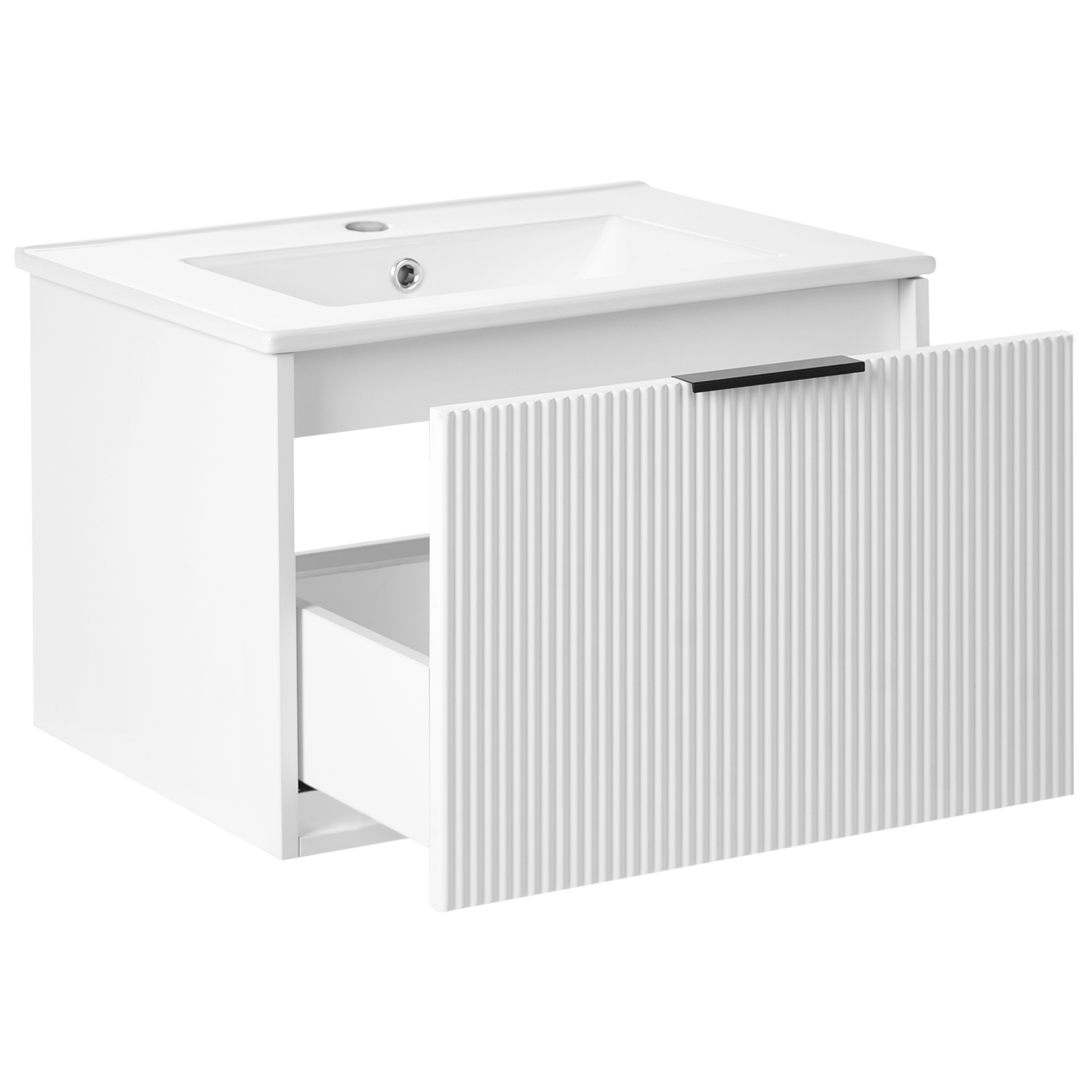 White Wall Mounted Vanity Unit 60cm Ceramic Basin Black Handle