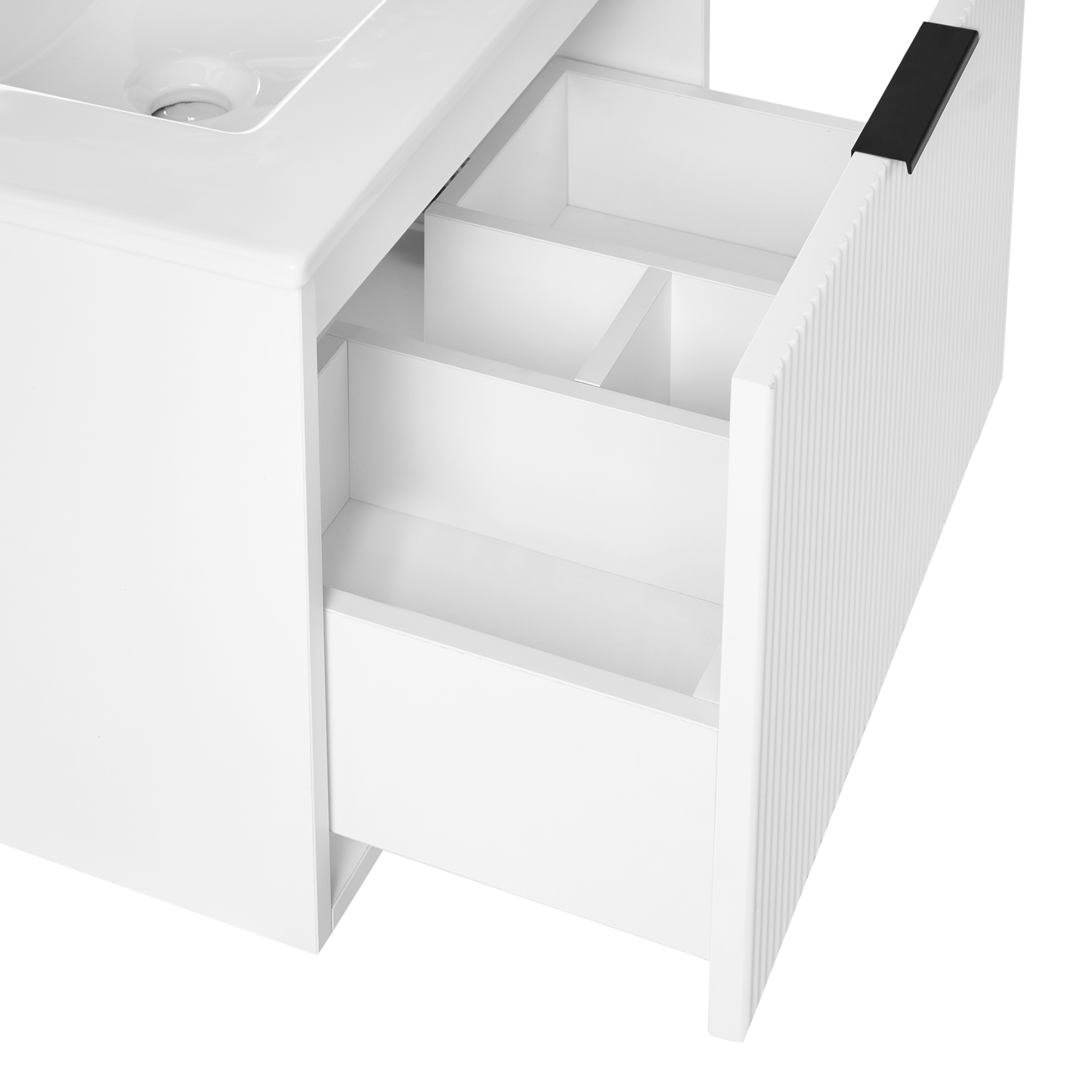 White Wall Mounted Vanity Unit 60cm Ceramic Basin Black Handle