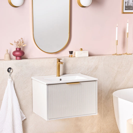 White Wall Mounted Vanity Unit With Ceramic Basin 60cm Modern Fluted Front And Gold Handle