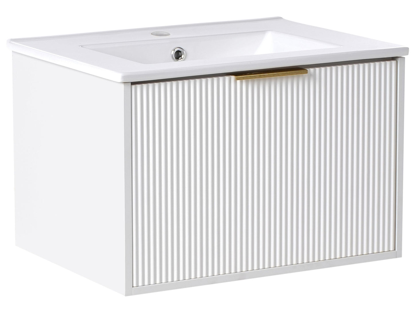 White Wall Mounted Vanity Unit With Ceramic Basin 60cm Modern Fluted Front And Gold Handle