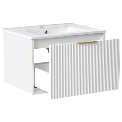 White Wall Mounted Vanity Unit With Ceramic Basin 60cm Modern Fluted Front And Gold Handle