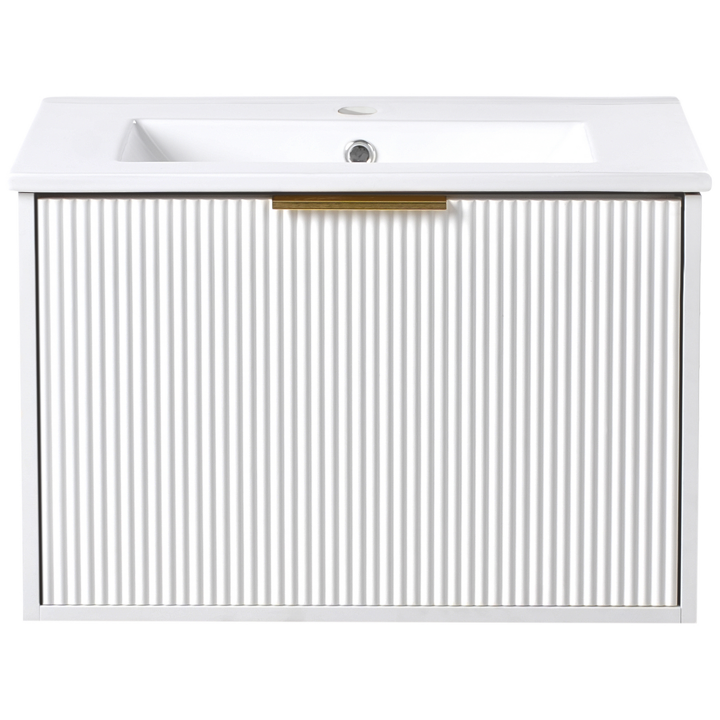 White Wall Mounted Vanity Unit With Ceramic Basin 60cm Modern Fluted Front And Gold Handle