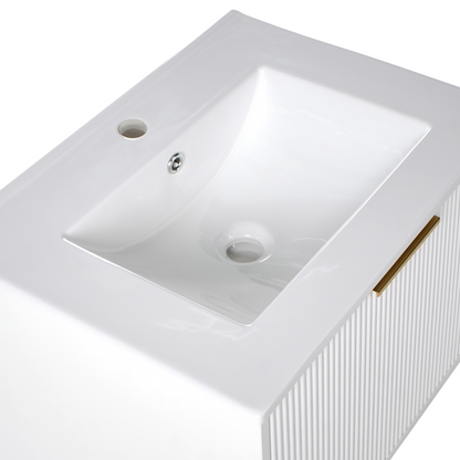 White Wall Mounted Vanity Unit With Ceramic Basin 60cm Modern Fluted Front And Gold Handle