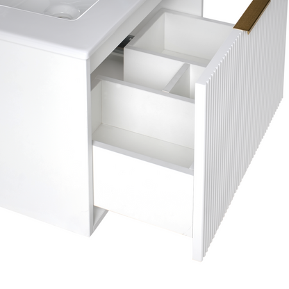 White Wall Mounted Vanity Unit With Ceramic Basin 60cm Modern Fluted Front And Gold Handle