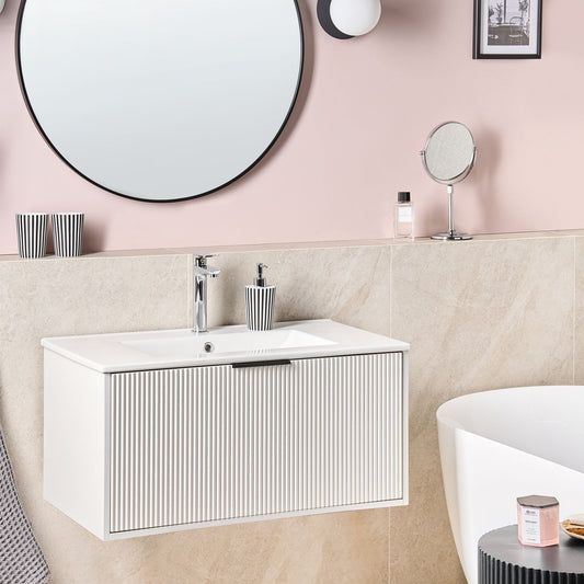 Wall Mounted Vanity Unit White Engineered Wood Bathroom Cabinet Ceramic Basin 80cm Black Handle Modern Design