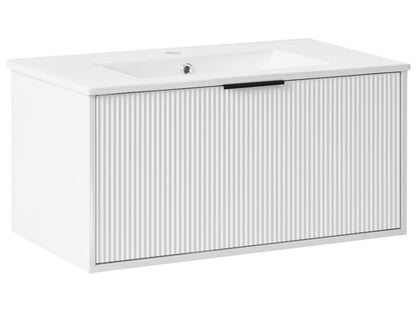 Wall Mounted Vanity Unit White Engineered Wood Bathroom Cabinet Ceramic Basin 80cm Black Handle Modern Design