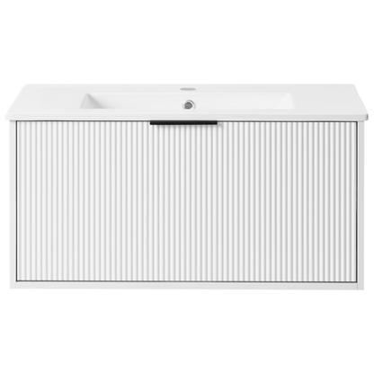 Wall Mounted Vanity Unit White Engineered Wood Bathroom Cabinet Ceramic Basin 80cm Black Handle Modern Design
