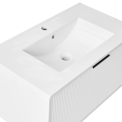 Wall Mounted Vanity Unit White Engineered Wood Bathroom Cabinet Ceramic Basin 80cm Black Handle Modern Design