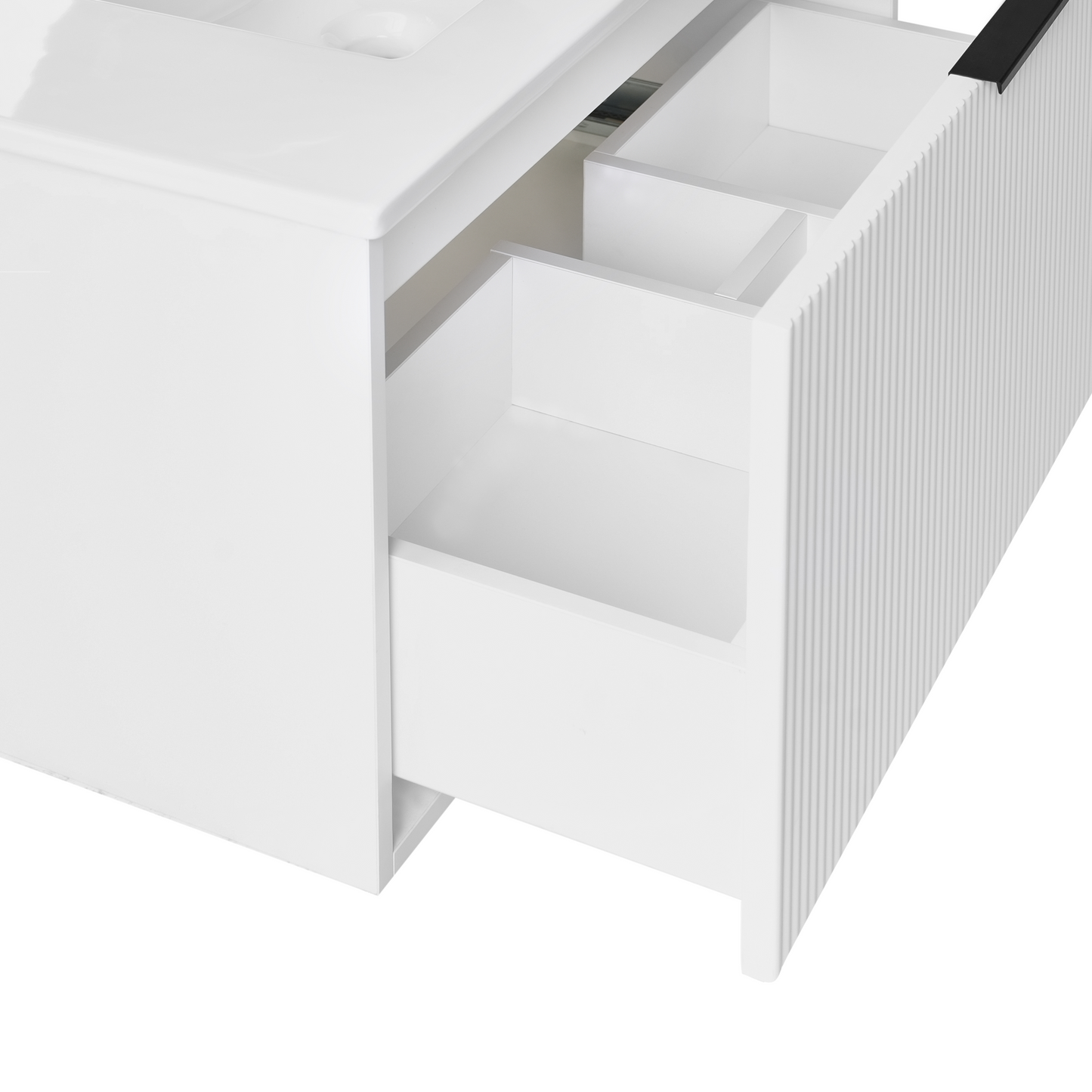 Wall Mounted Vanity Unit White Engineered Wood Bathroom Cabinet Ceramic Basin 80cm Black Handle Modern Design