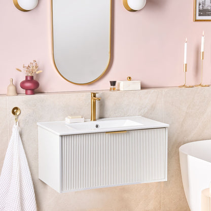Wall Mounted Vanity White Ceramic Basin 80cm Gold Handle
