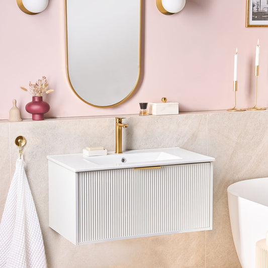 Wall Mounted Vanity White Ceramic Basin 80cm Gold Handle