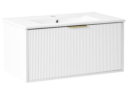 Wall Mounted Vanity White Ceramic Basin 80cm Gold Handle