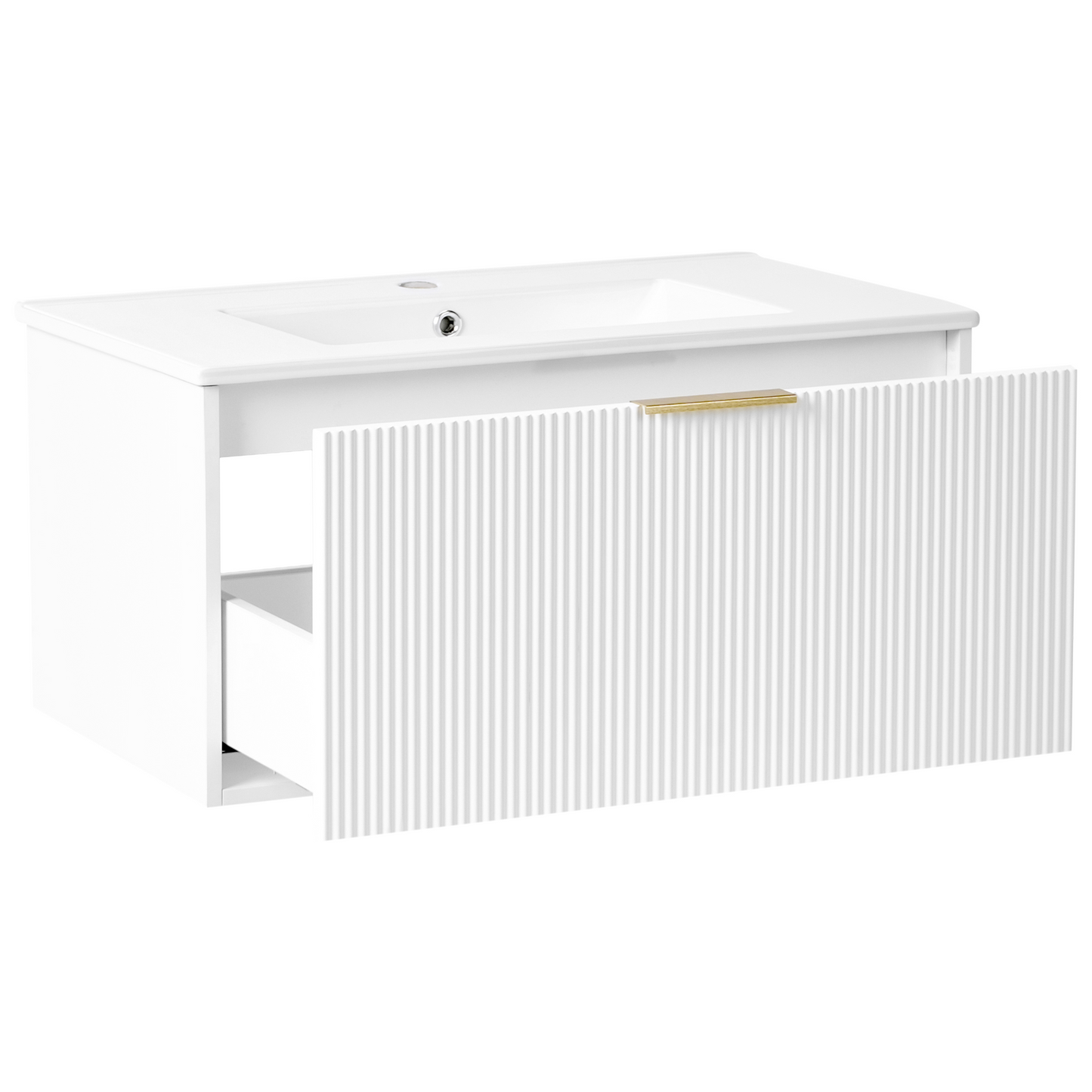 Wall Mounted Vanity White Ceramic Basin 80cm Gold Handle