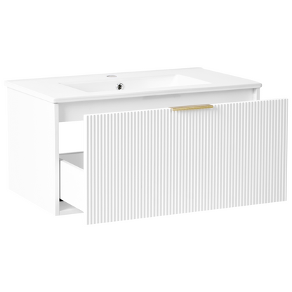 Wall Mounted Vanity White Ceramic Basin 80cm Gold Handle