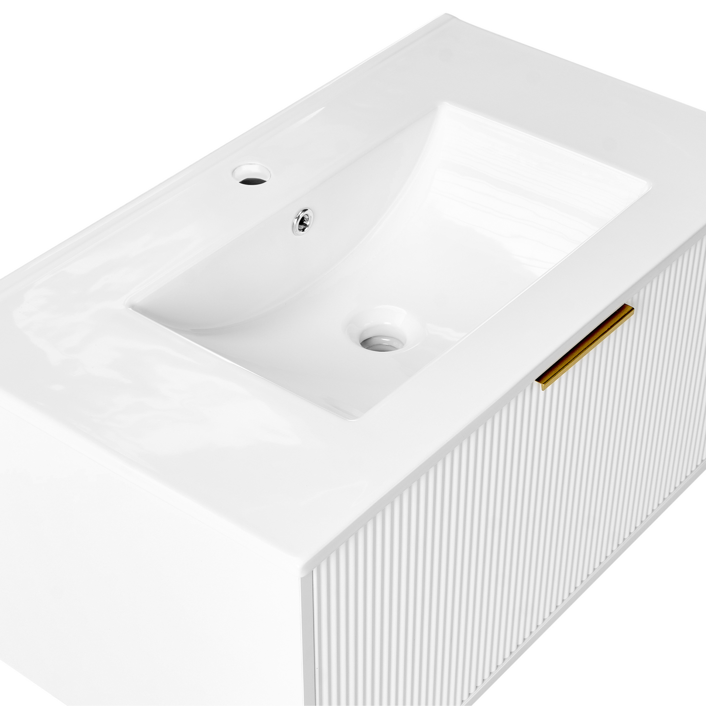 Wall Mounted Vanity White Ceramic Basin 80cm Gold Handle