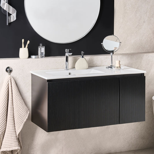 Black Engineered Wood Wall Mounted Vanity Unit With Basin 100cm