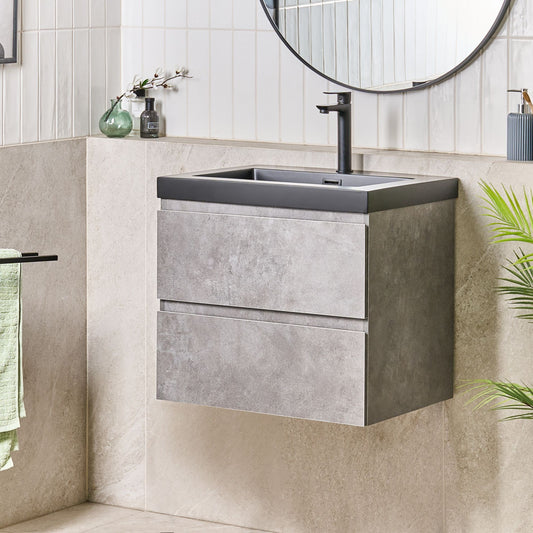 Brand Grey Wall Mounted Vanity Unit With Basin 60 X 46 Cm 2 Drawers Modern MDF Matte