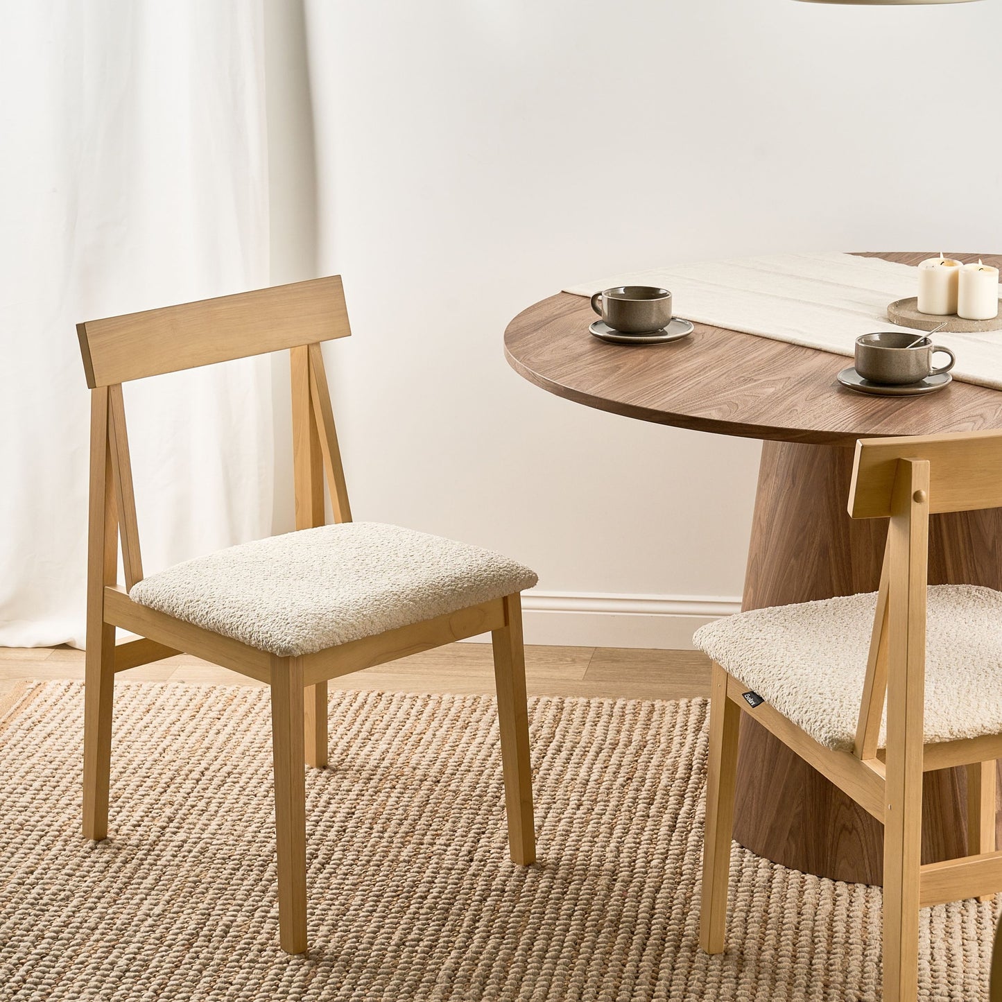 Dining Chairs Set Of 2 Light Brown Rubberwood Boucle Armless