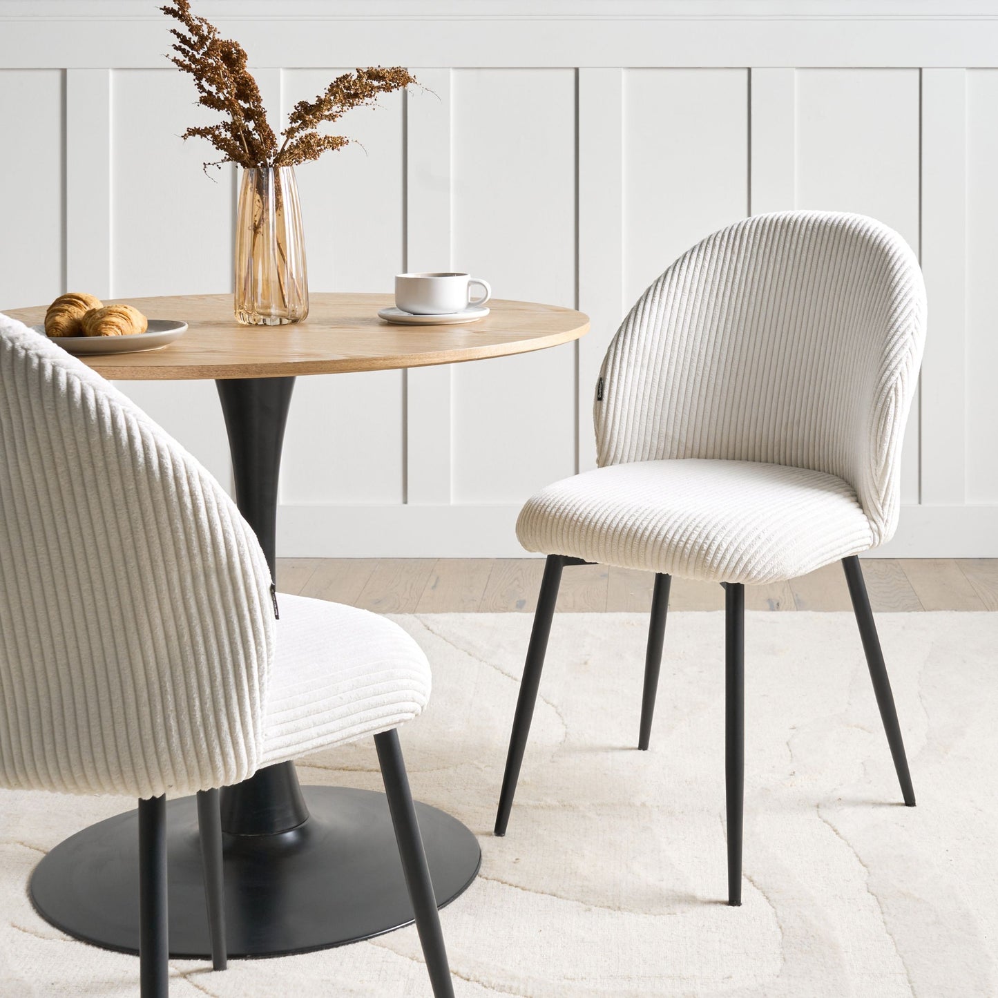 Off-White Corduroy Dining Chairs Set Of 2 Padded Metal Legs