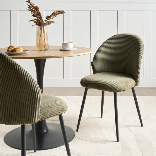 Set of 2 Dining Chairs Dark Green Corduroy Padded Seats