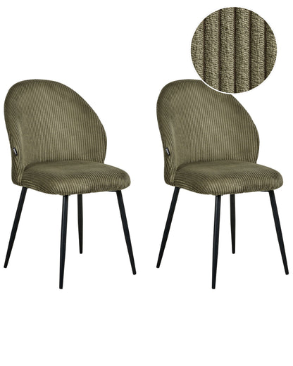 Set of 2 Dining Chairs Dark Green Corduroy Padded Seats