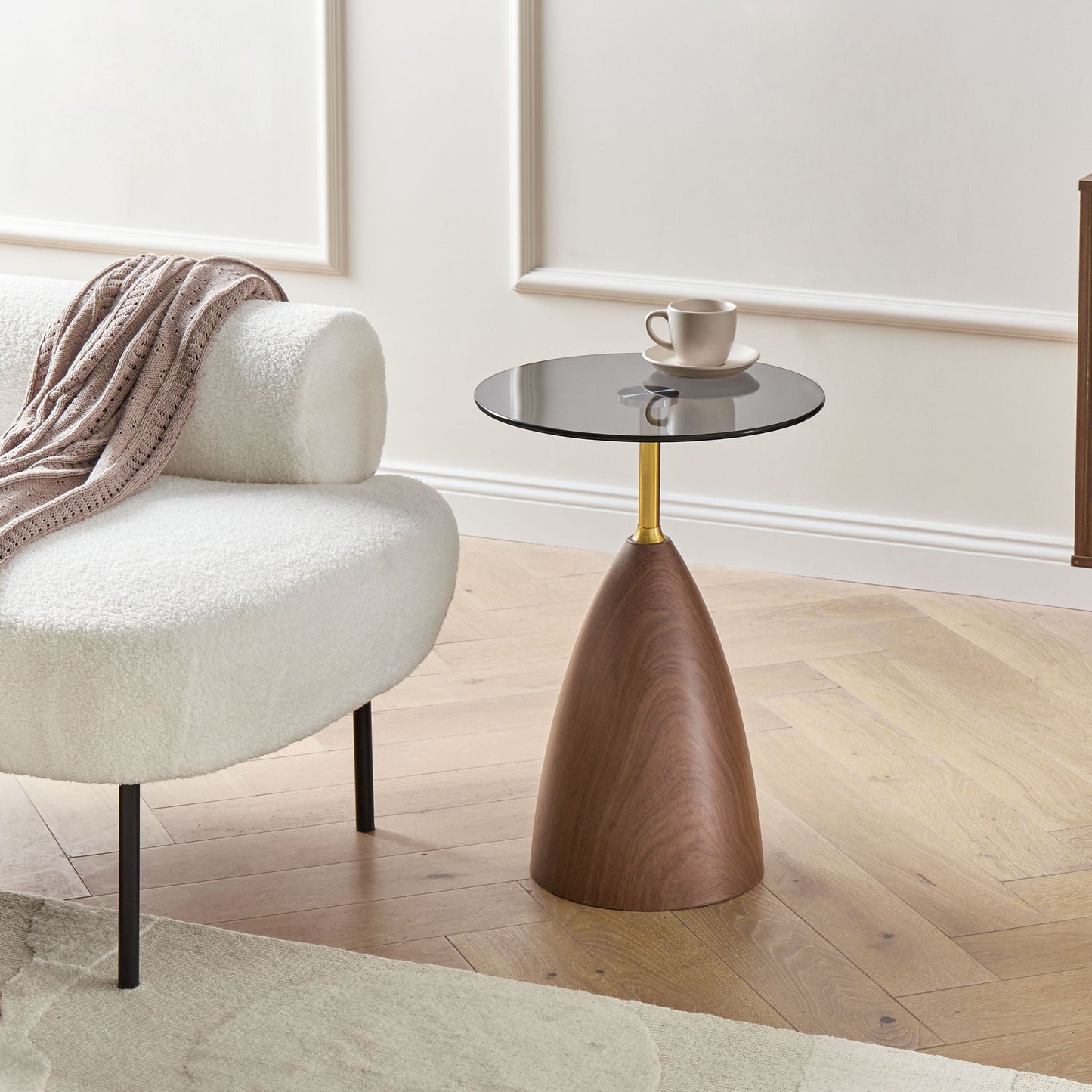 Side Table With Tempered Glass Top Brown And Black Metal Base Gold Accent